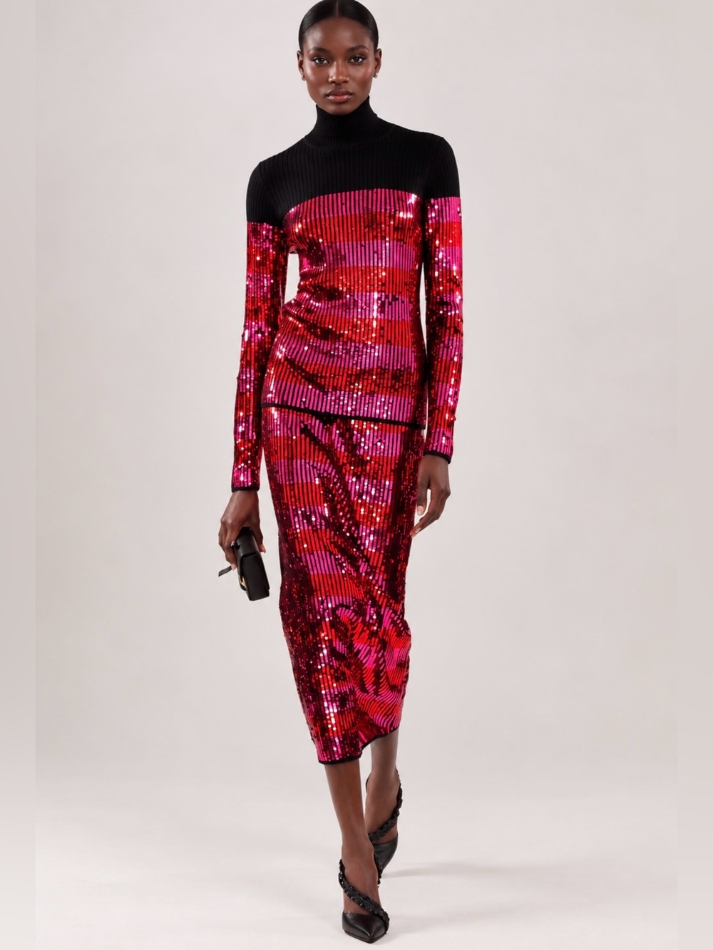 Carolina Herrera Sequin Stripe Turtleneck Sweater in Black Multi